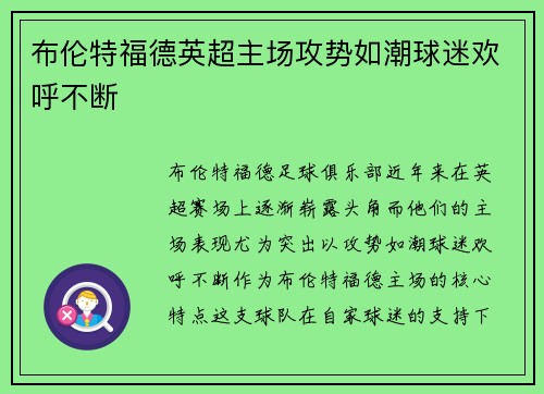 布伦特福德英超主场攻势如潮球迷欢呼不断